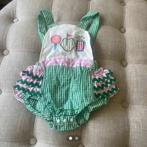 Green Gingham Baby Romper with Pink Accents